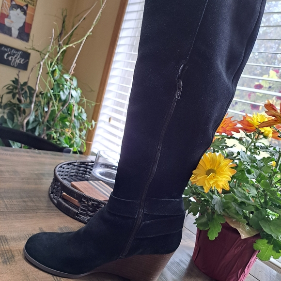 Womens Suede Leather Wedge Heel Knee High Tall Boots Size 10 Black - Picture 3 of 7